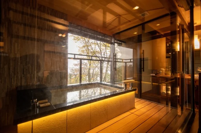 Gora Hanaougi Suite — Gora Hanaougi's special suite private bath framed by warm timber and garden-facing windows; exact suite category