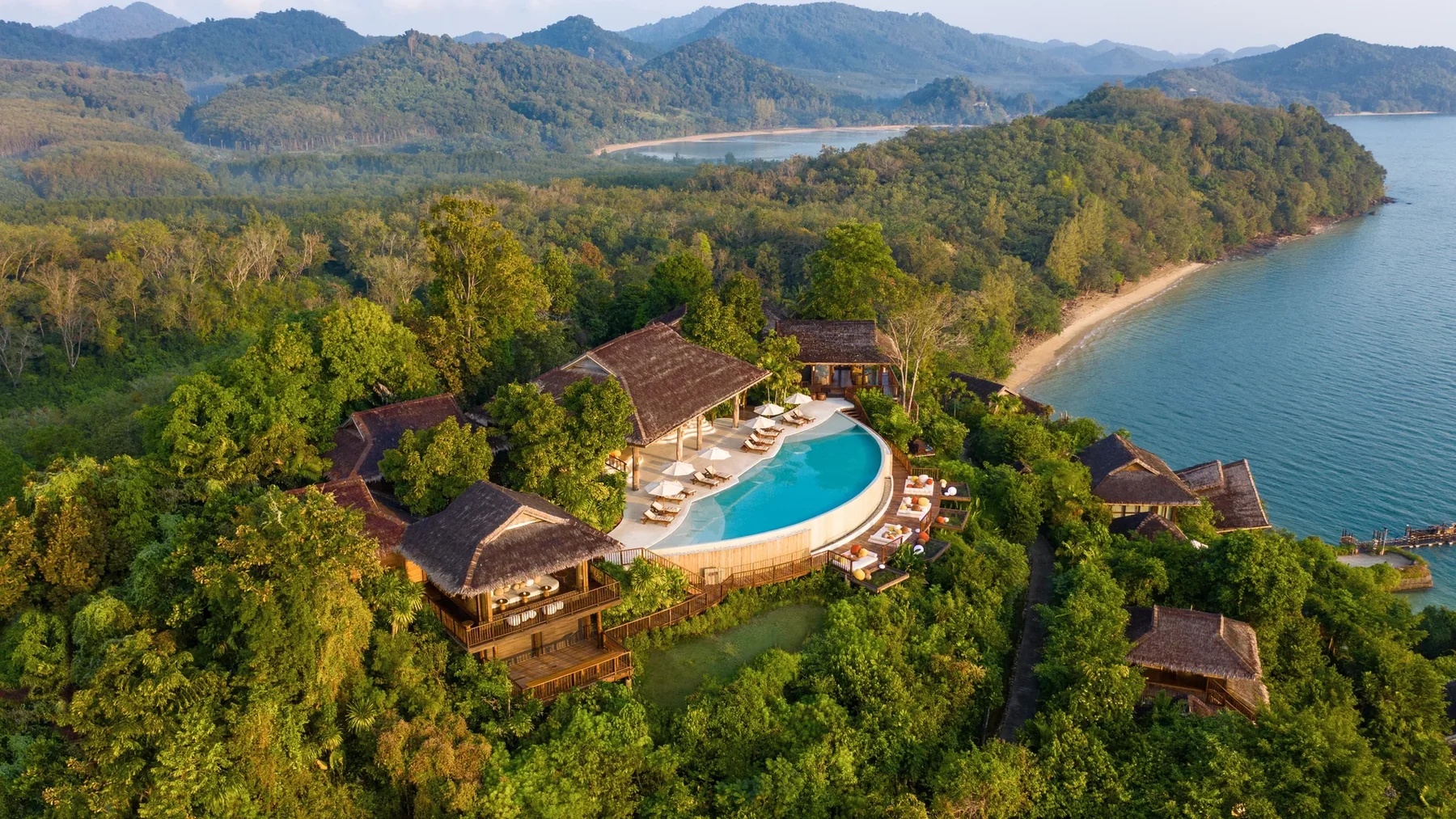 Six Senses Yao Noi — An aerial view of The Hilltop pool and restaurant at Six Senses Yao Noi