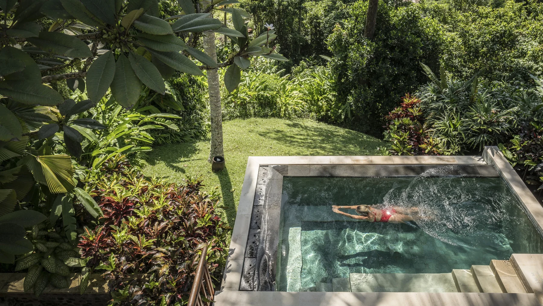 Four Seasons Sayan — A guest in a Sayan villa plunge pool within tropical gardens; example accommodation category